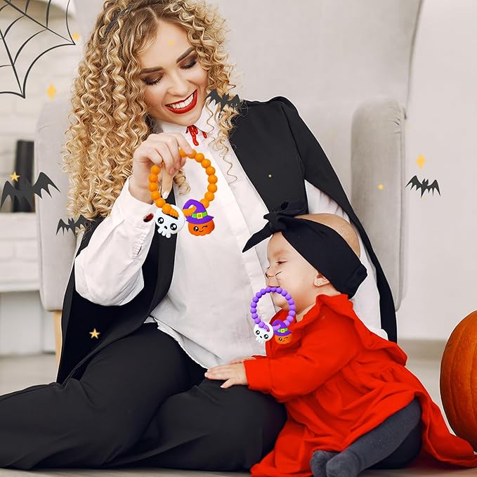 BIGSPINACH Halloween Teething Ring, Silicone Baby Teether with Witch and Cat Design, BPA-Free Infant Teething Toy, Easy to Hold,Safe for Babies and Toddlers (Colorful, Spooky Scarecrow) 2PC