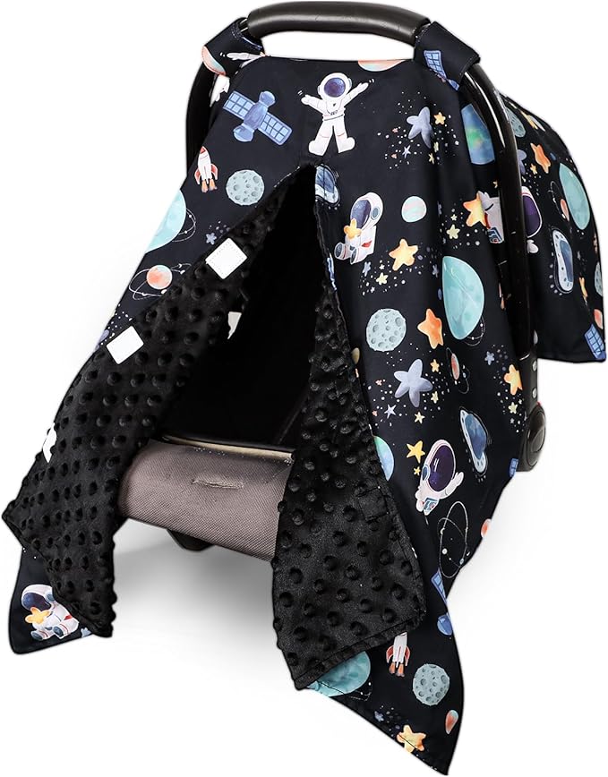 Baby Car Seat Cover, Windproof Carseat Cover for Infant Girls, Infant Warm Carseat Canopy with Double Layer Fabric for Winter, Compatible with Most Baby Car Seat, Space