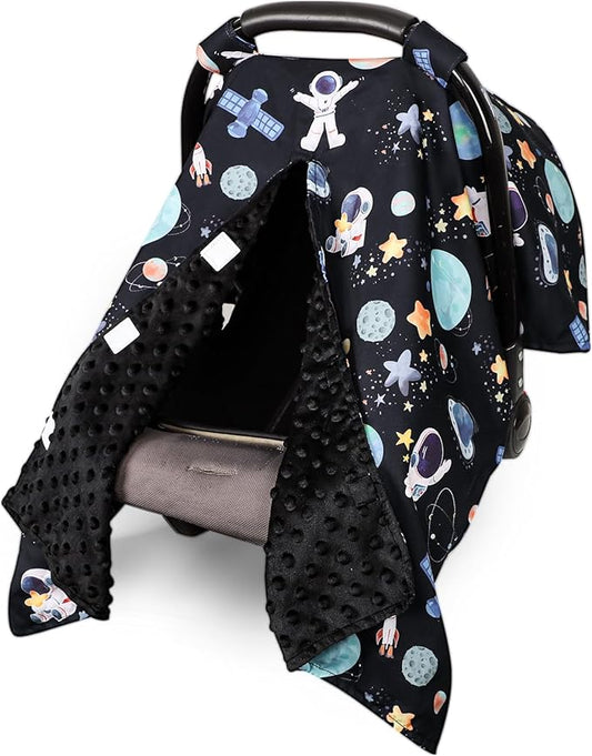 Baby Car Seat Cover, Windproof Carseat Cover for Infant Girls, Infant Warm Carseat Canopy with Double Layer Fabric for Winter, Compatible with Most Baby Car Seat, Space