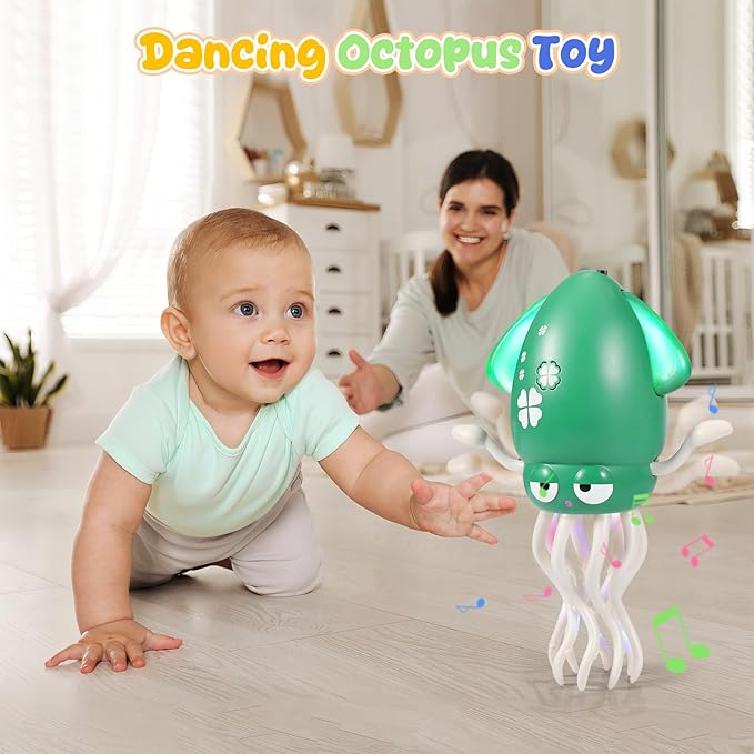 Dancing Octopus Baby Toy - Electric Crawling Squid Toddler Toys, Rechargeable Tummy Time Toy with Lights & Music, Interactive Learning Boys Girls Birthday Gifts (Green)