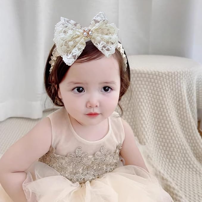 Baby Girls Hairband White Bow Lace Headbands Handmade Soft Stretchy Bowknot Hairbands Newborn Headband with Bows Pearls Elastic Head Band for Newborn Infant(Beige Embroidered Pearl Bow)