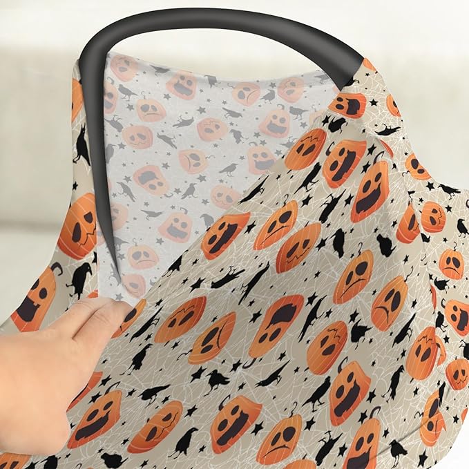 Halloween Pumpkin Black Crows Car Seat Cover for Babies Orange Pumpkins Stars Stretchy 5-in-1 Cover Adjustable Car Canopy Cover Spooky Halloween Breathable Nursing Cover-Up