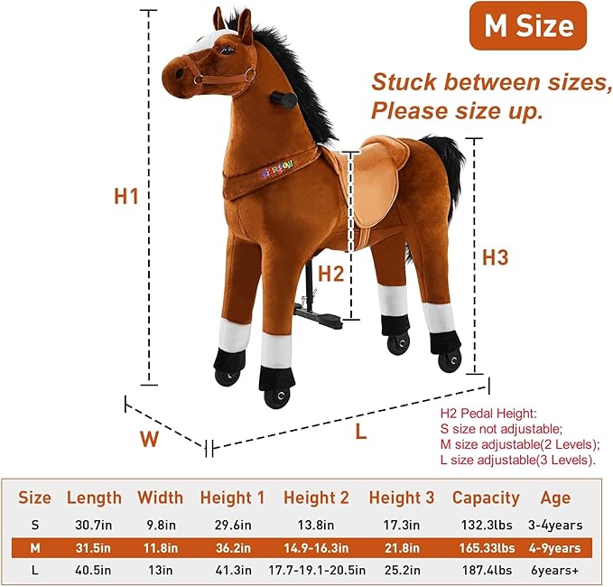 Ride on Horse Toy for Kids Riding Horse Pony Rider Mechanical Cycle Walking Action Plush Animal for 4 to 9 Years, No Battery or Electricity,Max Load 165 LBS, Medium Size