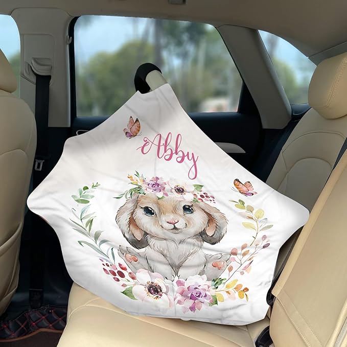 Personalized Baby Car Seat Cover Stroller Canopy: Custom Name Newborn Baby Boy Girl Elastic Rabbit Nursing Cover for Moms First Birthday Gift Animals(one Size)