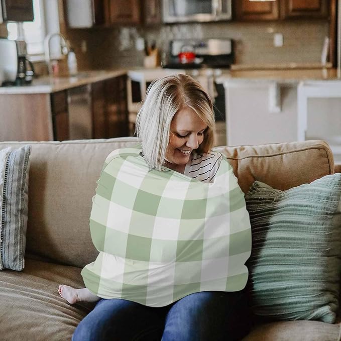 Sage Green Plaid Car Seat Covers for Babies, Modern Geometric Checkered Lattice Nursing Breastfeeding Covers Stretchy Breathable Baby Carseat Canopy Cover for Girls and Boys Shower Gifts