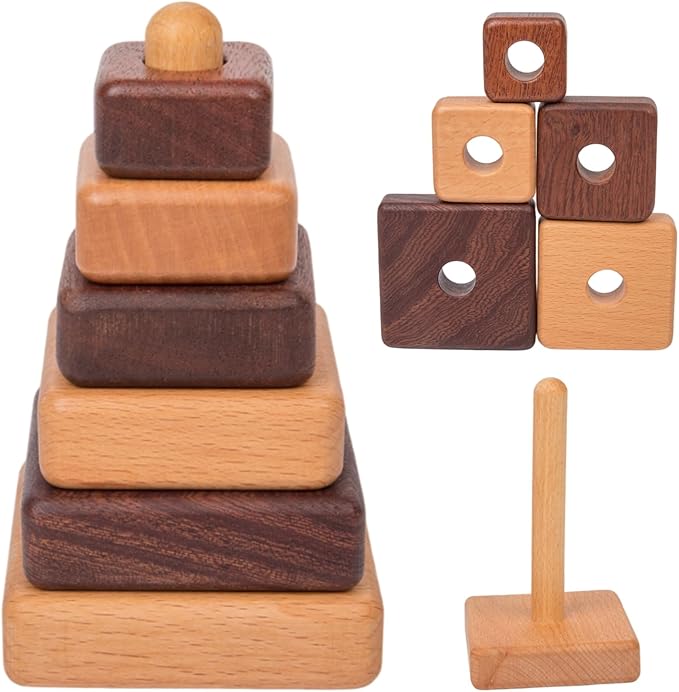 Adena Montessori Ring Natural Wood-Colored Wooden Stacking Toy,Montessori Geometric Stacker Wooden Educational Toy,Baby and Toddler Ages 12+ Months Shape Sorter and Stacking Tower for Babies(Square)