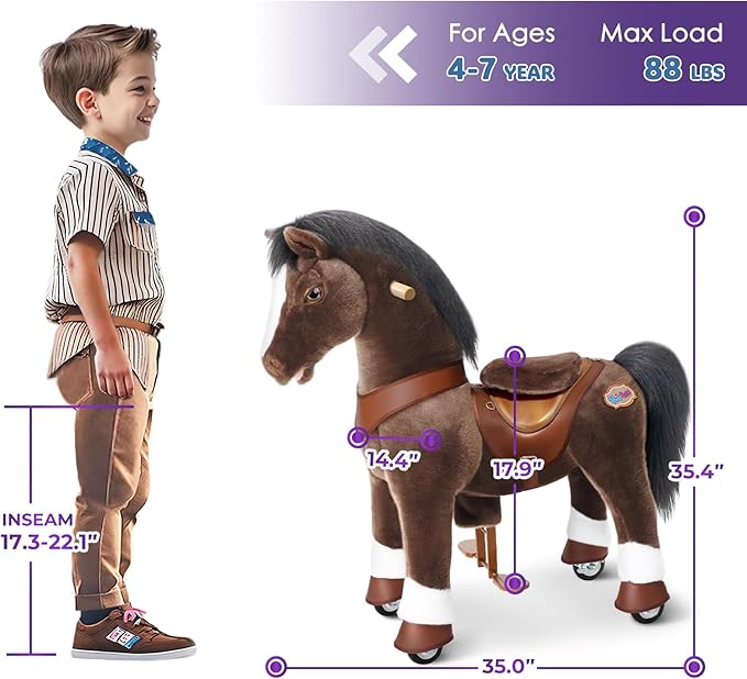 PonyCycle Riding Horse Ride on Horse Advanced Model Y Riding Pony Unicorn Toy (35.4" Height/Size 4 for Kids Ages 4–7) Birthday Gift for Kids with Brake Chocolate Brown Y476