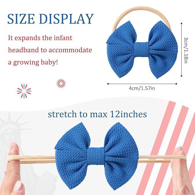 yoyokid 4th of July Headband, 3pcs Baby Girls Hairband Red White and Blue Bows Elastic Hair Bands Patriotic Accessories for Newborn Little Girls Kids Infant