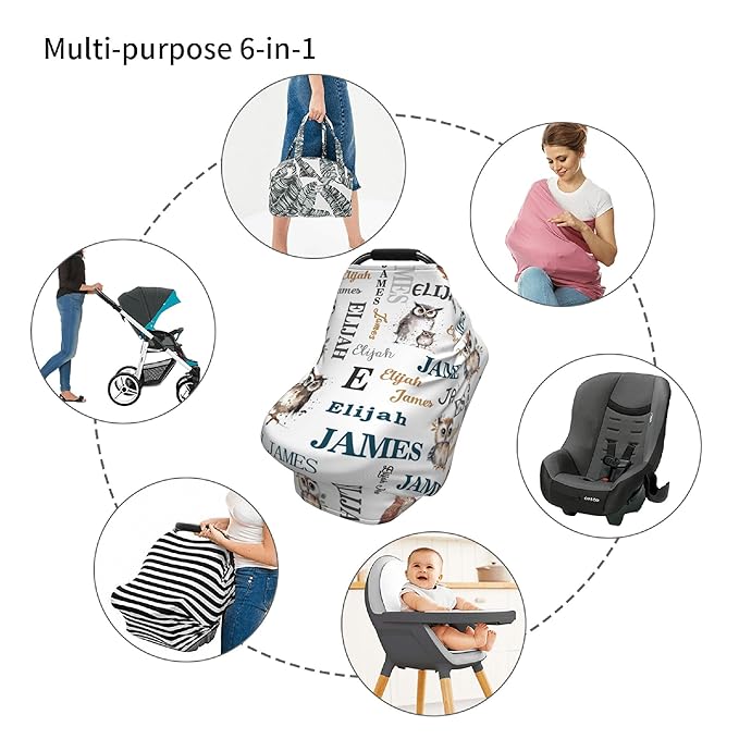 Personalized Car Seat Covers for Babies with Name – Multi-use Breastfeeding Cover Custom Owl Carseat Canopy Cover, Infant Stroller Covers for Boys and Girls