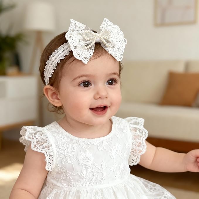 Handmade Baby Girl Headbands in Beige Baby Bows and Floral Lace Headband Bows for Newborns and Toddlers Cute Baby Girl Bows and Newborn Headband Bows