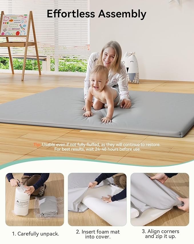 COMOMY Vegan Leather Baby Play Mats for Floor, 50 x 50 Play Mat for Playpen, Thickened High-Density Foam Playmats for Babies and Toddlers - Extra Soft and Resilient, Easy to Wipe Clean, Light Gray