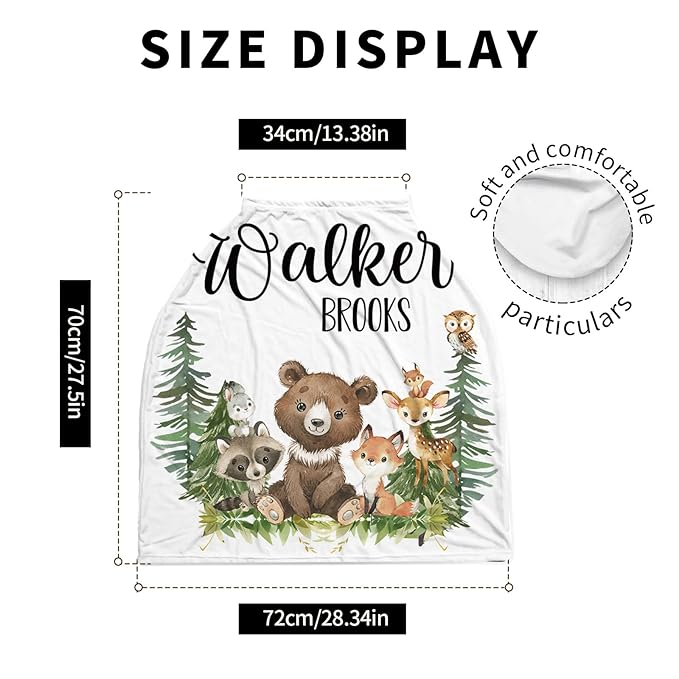 Personalized Baby Car Seat Cover Stroller Canopy: Custom Name Newborn Baby Boy Girl Elastic Woodland Animals Nursing Cover for Moms First Birthday Gift Bear Fox(one Size)