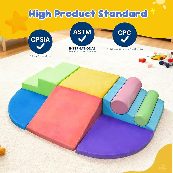 Teckid Toddler Climbing Toys 8-Piece Indoor Soft Foam Blocks Set, Safe Crawling, Climbing and Sliding Play Gym for Kids, Baby Climbing Playset