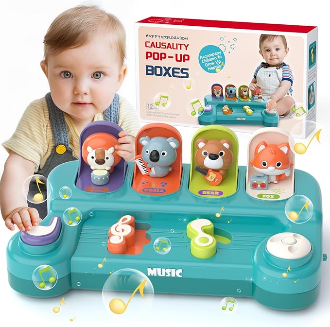 usrela Cause and Effect Toys for 1 Year Old Boy Girl, Baby Musical Toys 12-18 Month, Interactive Pop up Animal Toy for 12-24 Month Old, STEM Birthday Gift for Toddler Toys Age 1-2