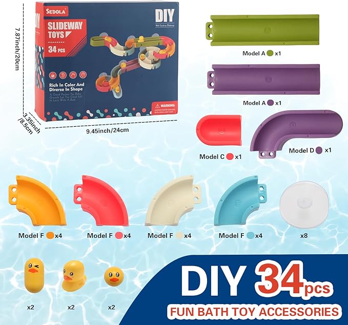 Duck Slide Bath Toys for Kids Ages 4-8, Bathtub Toys DIY Wall Track Building Kit for Toddlers 2-4 3-5, Fun Shower Toys Bathtub Time Birthday Gift for 3+ Years Old Boys and Girls（34PCS）
