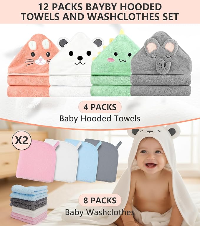 12 PCS Baby Bath Towels Set - 4 Pack Animal Hooded Baby Towels Robe + 8 Soft Washcloths, Ultra Absorbent & Quick Drying, Cute Newborn Bath Essentials for Boys Girls, Infant Toddler Shower Gift
