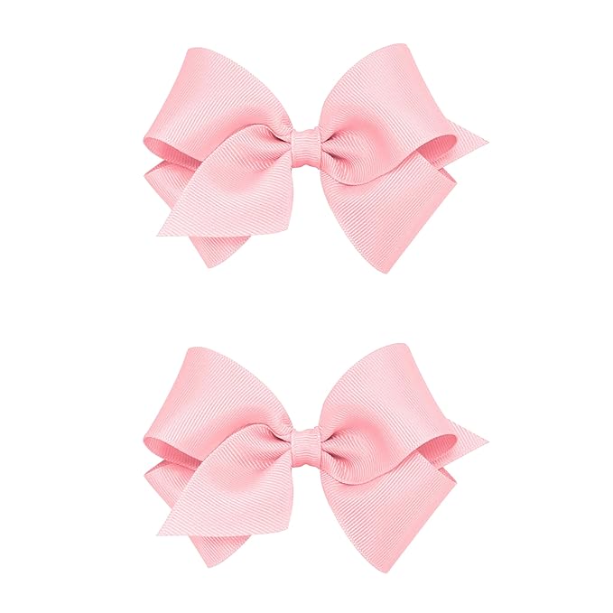 Wee Ones Girls 2 Pack Grosgrain Hair Bows with Plain Wrap Centre on a Wee Stay No Slip Clip, Small, Light Pink