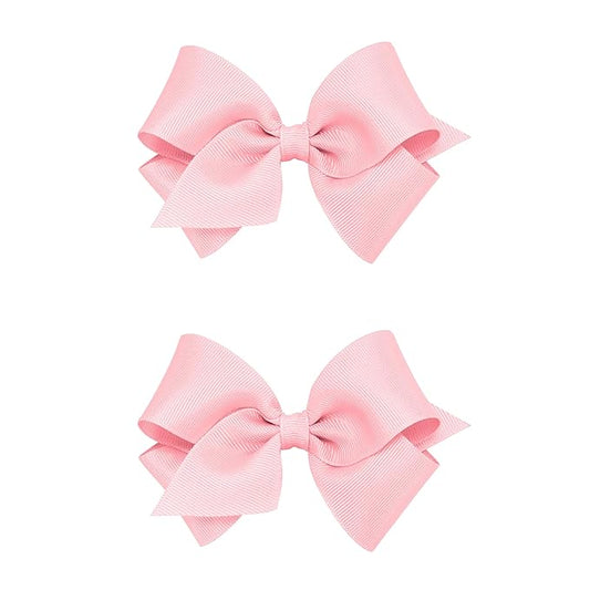 Wee Ones Girls 2 Pack Grosgrain Hair Bows with Plain Wrap Centre on a Wee Stay No Slip Clip, Small, Light Pink