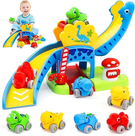 Toddler Toys for 1 2 Year Old Boy Gifts, Dinosaur Slide with 4 Dino Cars Montessori Learning Toys for Baby 12-18 Months, Educational First Birthday Gifts for Kids, Girls, Push Track for Toddlers 1-3
