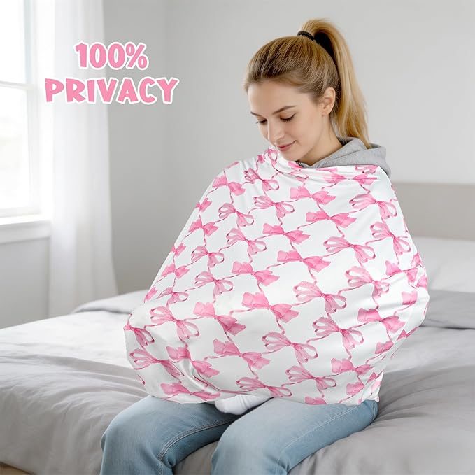Baby Car Seat Cover Girls, Infant Carseat Canopy, Stretchy Multi- use Nursing Cover for Stroller/High Chair/Shopping Cart/Car Seat Canopies (Pink Bow)