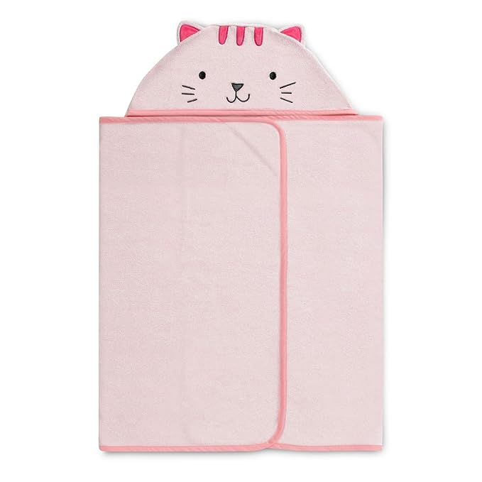 Delta Children Personalized Kids Hooded Bath Towel with Pockets - Super Soft and Absorbent- Great Gift for Boys and Girls, Pink Cat
