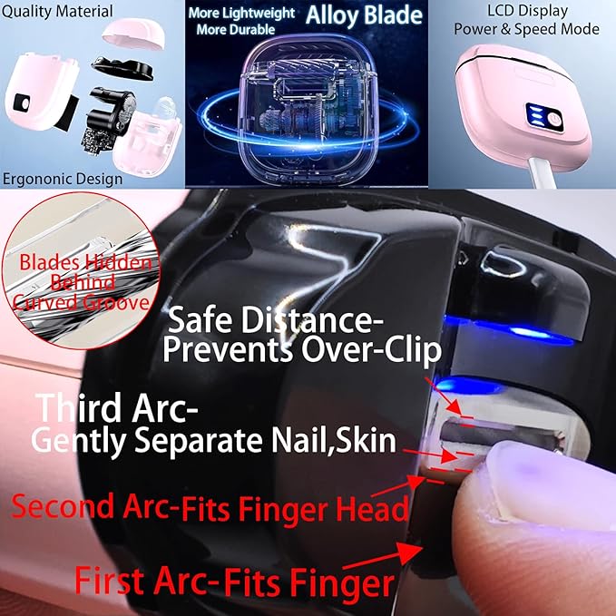 2 in 1 Electric Nails Clipper w/ Light, Automatic Nail Trimmer w/ Clip Storage, Fingernail File Cutter Rechargeable Adjustable 3 Speed, Manicure Care, Filer for Kid Caregiver Women Girl Pink