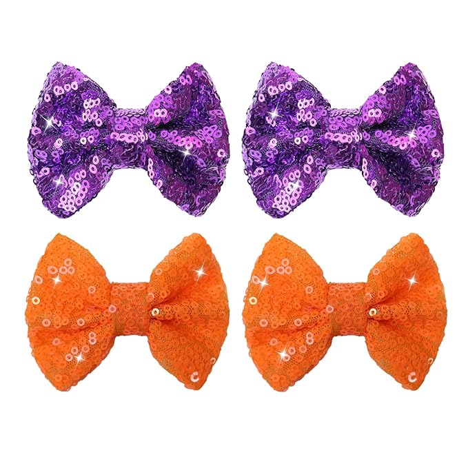 Halloween Hair Bows Clips Orange Sequins Alligator Hair Clips Bows for Girls Purple Glitter Barrettes Little Bow Hairpins Toddler Teens Sparkly Hair Accessories for Kids Teens Gift