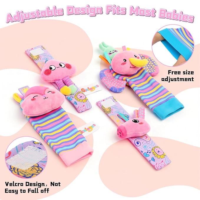 Baby Toys 0-6 Months, Rattle Socks and Wrist Sensory Toys for Infants, Socks and Foot Finder Set with Sound for Babies 6-12 Months, 0-12 Months Newborn Essentials Toy, Baby Girl Shower Gifts - Pink
