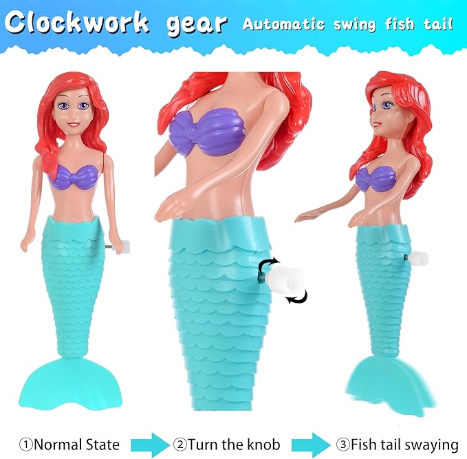 dollbie 4-Pack Wind-Up Mermaid Bath Toys for Kids -Toddler Bath Toys for Kids Moving Tail Priness Doll Diverse Hair Colors & Styles Mermaids, Swimming Pool Party Favors