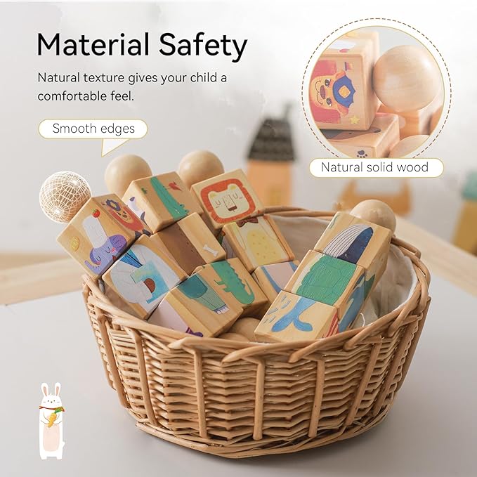 Promise Babe Wooden Animal Puzzle Toy for Toddlers 1-3, Rotating Spin Twist Blocks Set of 2, Learning Educational Montessori Toy Gifts for Kids Boys Girls, Whale and Fox