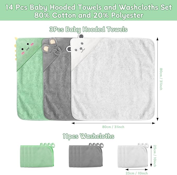 14 PCS Baby Towels, 3 PCS Soft Hooded Baby Towels & 11 PCS Washcloths, Baby Bath Towels for Newborns, Infants & Toddlers, Ultra Absorbent, Cute Baby Towel Gift for Boys & Girls