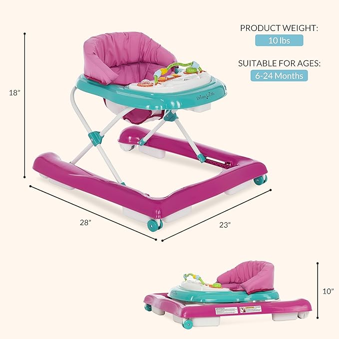 Dream On Me 2-in-1 Ava Baby Walker, Easy Convertible Baby Walker, Walk Behind, Height Adjustable Seat, Added Back Support, Detachable-Toy Slate, Teal Pink