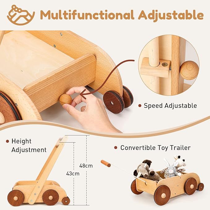 Woodtoe Wooden Baby Walker, Adjustable Speed Anti-Rollover Push Walker Toy for Babies Learning to Walk, Natural Toddler Push and Pull Toys Wagon, Montessori Birthday Toy Gift for Boy Girl 1 2 3 Years