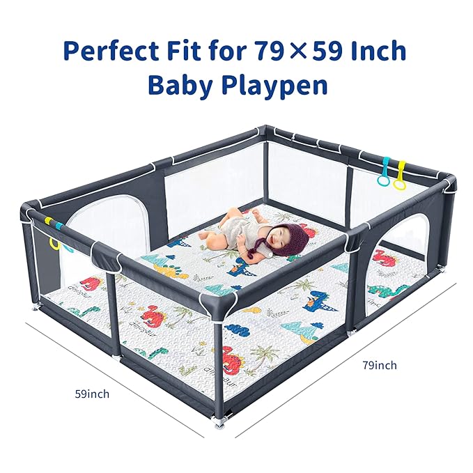 TANOSHII® Baby Play Mat for 79"x59" Playpen, Machine Washable Kids Mat, Cotton,Foldable Crawling Mat for Floor,One-Piece Crawling Mat Non Slip Baby Mat for Floor,Portable Travel(Dinosaur)
