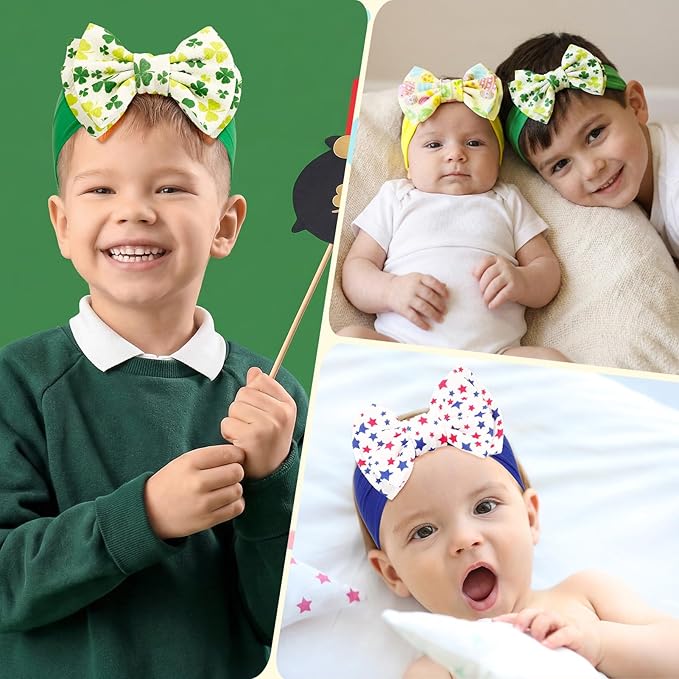 JATEBI 4 Pcs 6" Holiday Baby Bows Headbands for Newborn Infant Toddler, Soft Stretchy Nylon Hair Bands, Holiday Hair Accessories for Valentine’s Day, St. Patrick’s Day, Easter, 4th of July