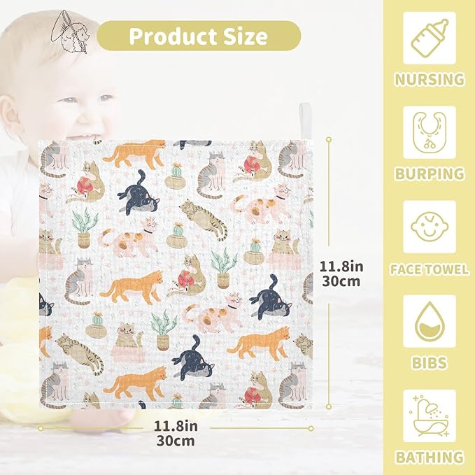 vvfelixl Baby Washcloths Cotton Funny Cats Cactus Baby Muslin Washcloths Soft Baby Face Towel for Newborn Infants Baby Wipes, 11.8 X 11.8 Inch, 3 Pack