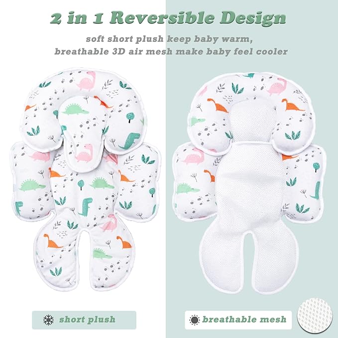 Infant Car Seat Insert, Soft Baby Car Seat Head Neck Pillow, Reversible Newborn Carseat Insert with Strap Covers, Universal Seat Pad for Carseats, Stroller, Swings, Bouncer, Dinosaurs