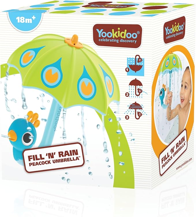 Yookidoo Baby Bath Toy (Ages 1-3) Green Peacock Umbrella Water Sprinkler with 3 Moving Pieces (Mold Free) - Fill with Water for Bubbles, Spinning & Sprinkler Effects - Toddler Bath Time & Pool Fun