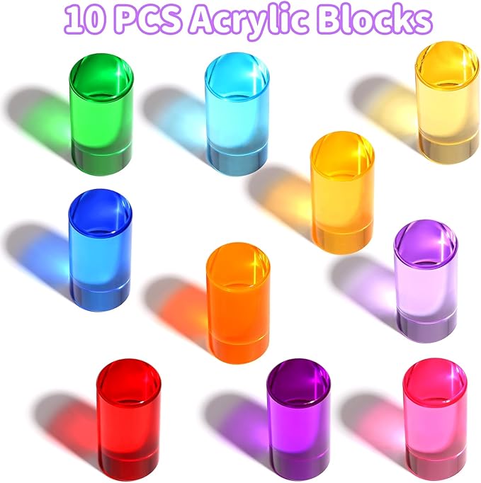 10 PCS Rainbow Acrylic Blocks, Crystal Lucite Gem Cubes for Kids, Highly Transparent Colored Acrylic Cylinder Building Blocks, Educational Sensory Learning Toys