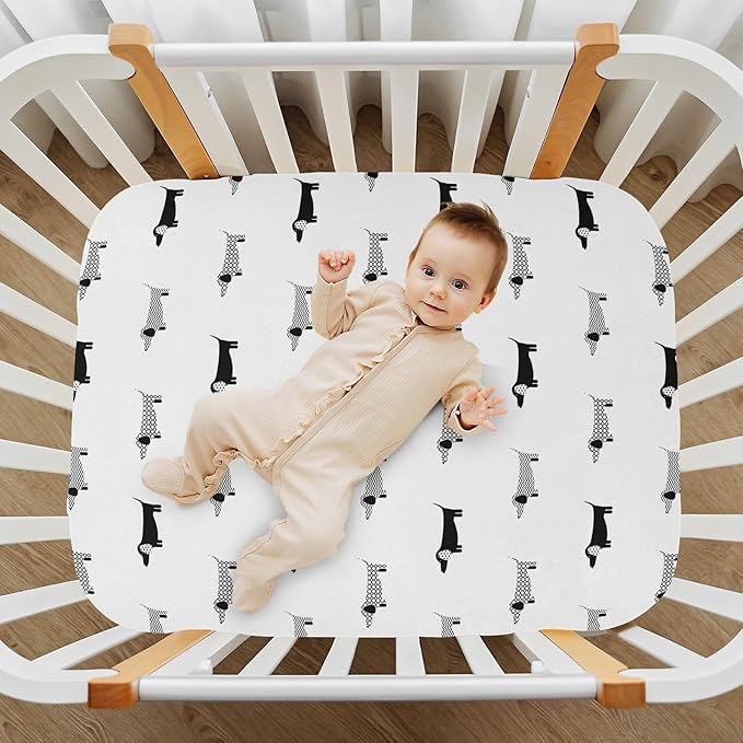 Fitted Crib Sheets Dachshund Black and White Dogs Stretchy Portable Playard Sheets for Baby Toddler, Breathable Soft Mini Crib Mattress 52 x 28 in for Boys and Girls