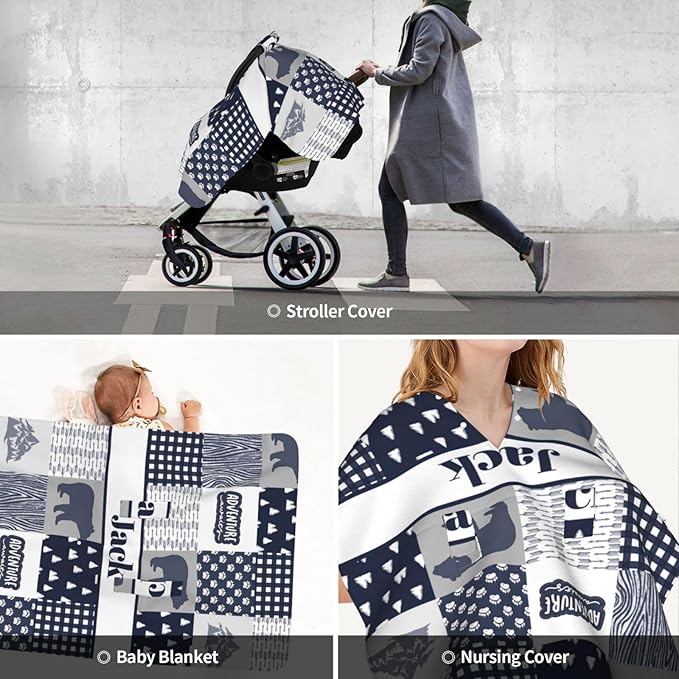 Personalized Baby Car Seat Canopy with Name, Custom Woodland Bear Baby Car Seats Covers for Baby Boy, Opening Minky Nursing Breastfeeding Cover for Infant, Carseat Canopies for Newborn