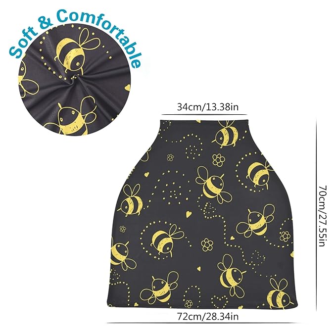 Cartoon Cute Bee Flower Heart Pattern Doodle On Black Stretchy Baby Car Seat Cover Infant Canopy Nursing Covers Breastfeeding Cover Breathable Windproof Winter Scarf for Boys Girls