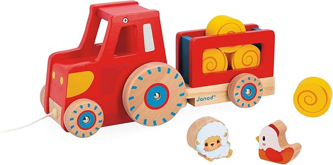 Janod Wooden Pull-Along Tractor Toy with Removable Trailer, Hen, Sheep & 4 Hay Bales – Quiet-Wheel Farm Playset & Walking Aid – Ages 12 Months+ - J03317