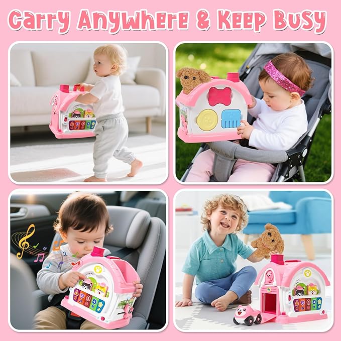 Montessori Toddler Toys for 1 Year Old Girl Gifts, Pretend Play Puppy Toy Music Learning House with Car for Toddlers 1-3, 1st First Birthday Gifts for Girls and Boys Baby Toy 6-12 12-18 6-24 Months