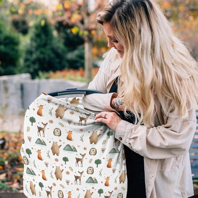 HawSkgFub Boho Animal 5-in-1 Car Seat Cover for Baby Boy Girl Gift, Bohemia Forest Bear Fox Deer Owl Privacy Breastfeeding Nursing Cover, Newborn Infant Multi-use Carseat Canopy Carrier