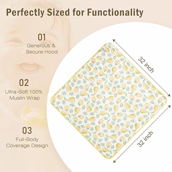 Hooded Baby Bath Towels 2 Pack 32x32 Inch, 100% Cotton Soft & Highly Absorbent, Cute Starry Waves & Pear Prints, Baby Towel Set with Wash Mitts, Gentle for Newborn, Infant & Toddler