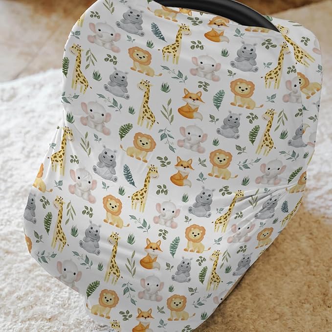 Safari Animals Baby Car Seat Covers Cute Lion Giraffe Elephant Hippo Tropical Leaves Stretchy 5-in-1 Cover Adjustable Infant Carseat Cover Canopy Zoo Jungle Breathable Nursing Cover-Up