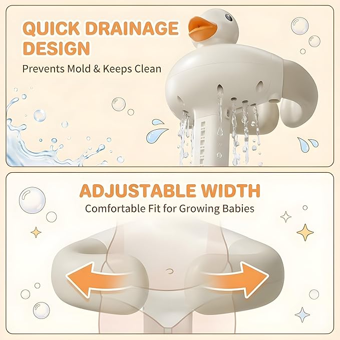 Baby Bath Stand with Built-in Seat - Duck Design - Anti-Slip Base - Baby Shower Stand for Sitting or Standing (White Beige)