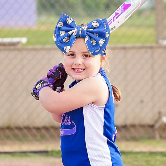 YanJie 7" Baby Girl Baseball Sports Printed Super Large Double Layers Bow Headband Blue Infant Toddler Messy Bow Headwrap Game Hair Accessories Hairband Baseball Game Day Sports Bows for Girls Outfit