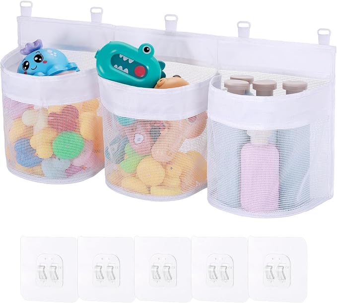 Bath Toy Storage Organizer, 3 Compartment Bath Toy Holder for Tubs, Large Capacity & Quick-Drying Mesh - 5 Strong Adhesive Hooks for Easy Access